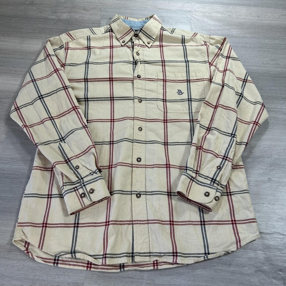 Bit & Bridle Shirt Mens Medium Beige Plaid Flannel Button‎ Up Long Sleeve Casual